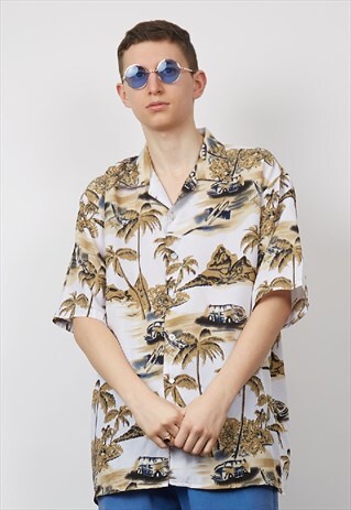 VINTAGE 90'S WHITE PALM PRINT HAWAIIAN SHIRT