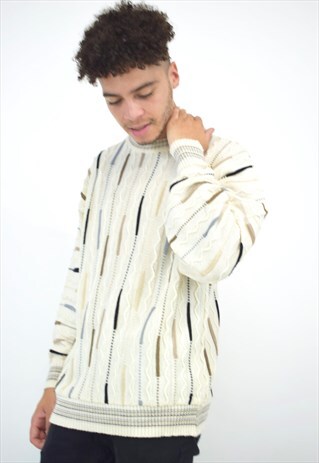 VINTAGE 90S CREAM MULTI BROWN KNITTED SWEATER