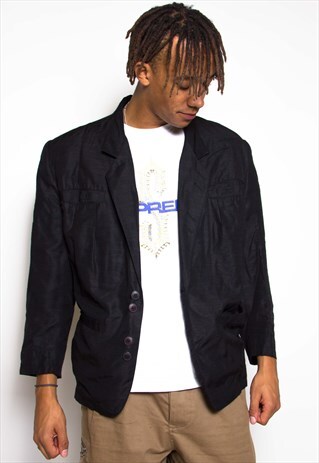 VINTAGE 90S BLACK LINEN BLAZER JACKET ID:1596