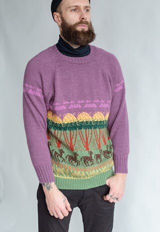 VINTAGE 80S UNISEX WOOL JUMPER IN FOREST PATTERN