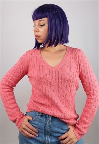 ANN TAYLOR LOFT VINTAGE COTTON CABLE KNIT SWEATER IN PINK