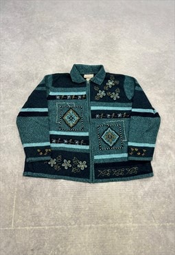 Vintage Knitted Jacket Flower Patterned Zip Up Cardigan