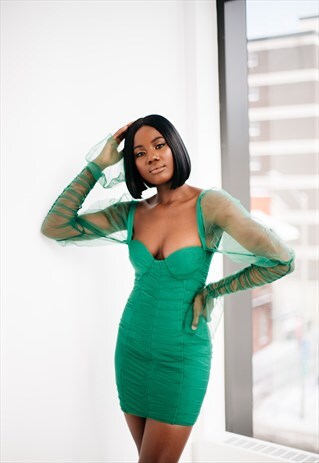 GREEN MESH SLEEVE BANDAGE DRESS