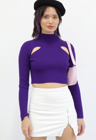 EGYPT KNIT STRECH CROPPED TOP HIGH NECK- PURPLE
