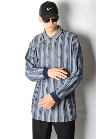 VINTAGE 90S GREY NAVY BLUE STRIPED GRUNGE ZIPPER SHIRT