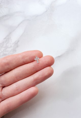 MEN'S STUD EARRING CLEAR CRYSTAL GEM CROSS SILVER CZ SMALL
