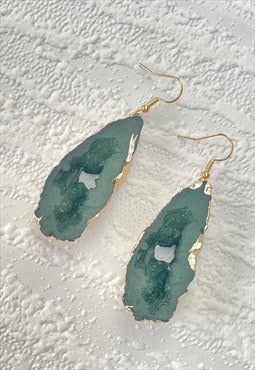 Gold Faux Resin Green Stone Drop Hook Earrings