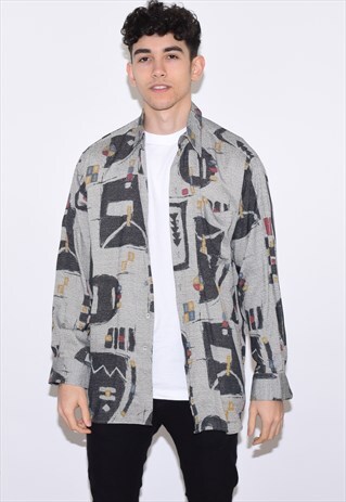 VINTAGE 90S GREY BLUE PATTERNED SHIRT