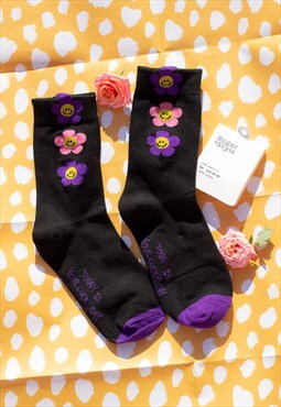 Black and Purple Three Flower Smiley Socks