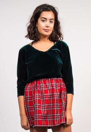 90'S VINTAGE DEEP GREEN V-NECK VELVET TOP