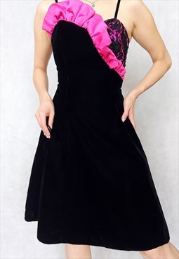 Vintage 80s Black and Pink Velvet Dress, Small Size, Little 