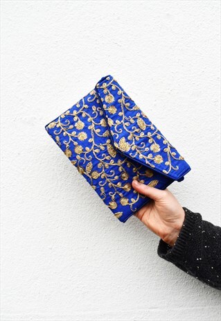 AZURE BLUE GOLD SEQUINNED EMBROIDERED ENVELOPE CROSS BODY BA