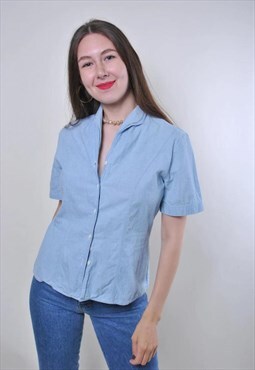 90s vintage women short sleeve cotton blue shirt