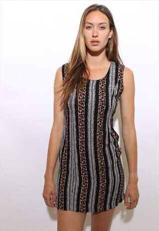 VINTAGE 1990'S 90'S LEOPARD PRINT BLACK GAUZE MINI DRESS S-M