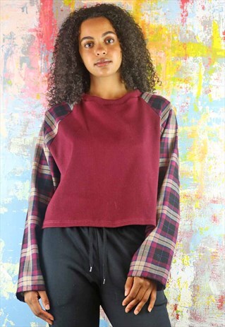 OVERSIZED TOP IN MAROON CHECK AND RIB