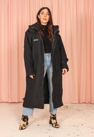 VINTAGE 90S ASICS LONG PADDED JACKET IN BLACK