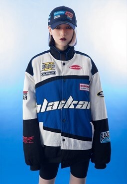 Motorcycle jacket multi patch padded Racing bomber in blue