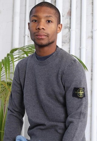 VINTAGE STONE ISLAND BADGE LOGO CREW NECK KNIT JUMPER GREY