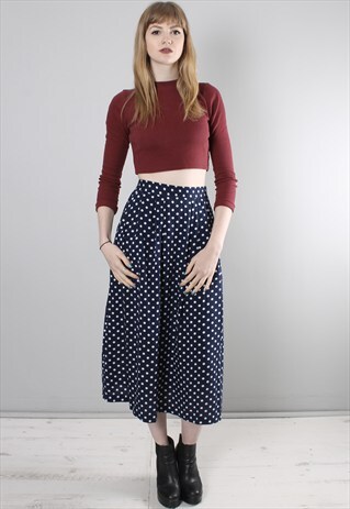 VINTAGE 80S BLUE POLKA DOT LONG MIDI SKIRT