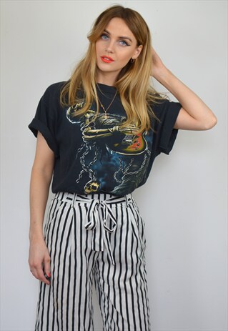 VINTAGE 90S OVERSIZED FADED BLACK SKULL GUITAR T-SHIRT