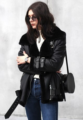 BELTED FAUX FUR AVIATOR JACKET
