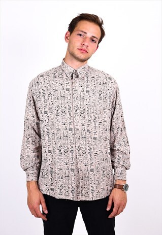 VINTAGE 90S BEIGE ABSTRACT AZTEC LONG SLEEVE SHIRT