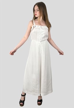 70's Vintage White Ladies Slip Style Midi Dress Embroidery
