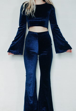 BLUE GLITTER VELVET CO-ORD SET WITH FLARES AND BELL SLEEVE