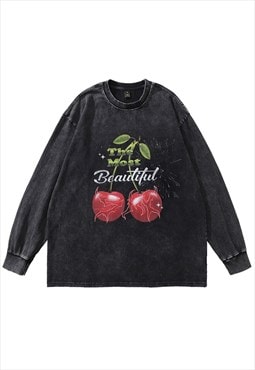 Cherry print t-shirt vintage wash fruit long tee grunge top