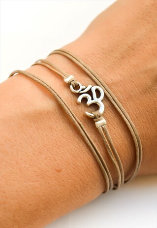 SILVER OM WRAPPED BRACELET BROWN CORD YOGA GIFT FOR HER