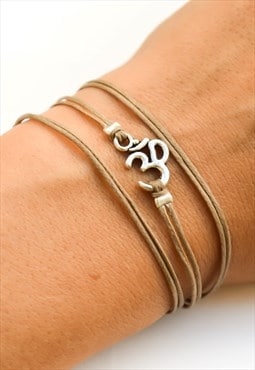 Silver Om wrapped bracelet brown cord yoga gift for her