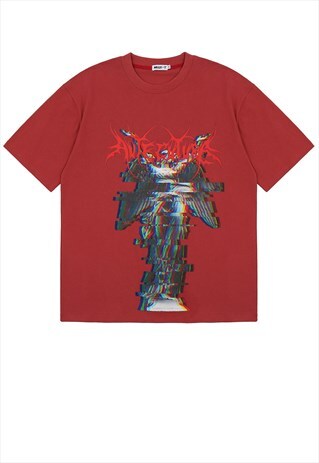 CYBER ANGEL PRINT Y2K GLITCH GRAPHIC TEE TRIBAL T-SHIRT RED