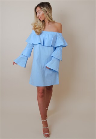 BLUE OFF SHOULDER RUFFLE DRESS