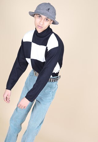 UNISEX CHECKERBOARD PRINT TURTLE NECK KNIT JUMPER
