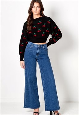 Black Cherry Print Cropped Jumper