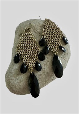 80's Vintage Gold Disc Chainmail Black Bead Earrings