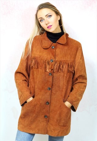 1980S VINTAGE BURNT ORANGE REAL SUEDE FRINGE JACKET