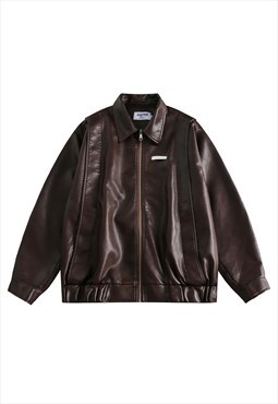 Faux leather aviator jacket old PU bomber grunge coat brown