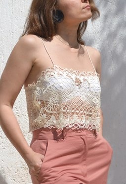 Cream beige handmade crochet shiny delicate lace top