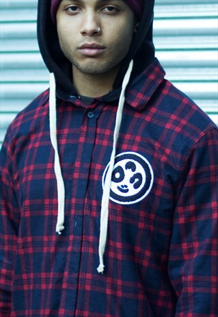 FLANNEL CHECKED LONG SLEEVE SHIRT RED HOODED CHENILLE PATCH