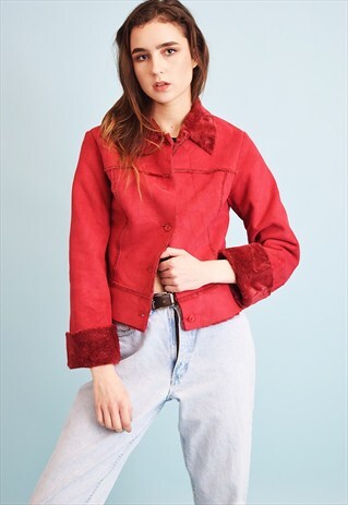90'S RETRO FAUX SUEDE & FAUX FUR SHERPA CROPPED JACKET