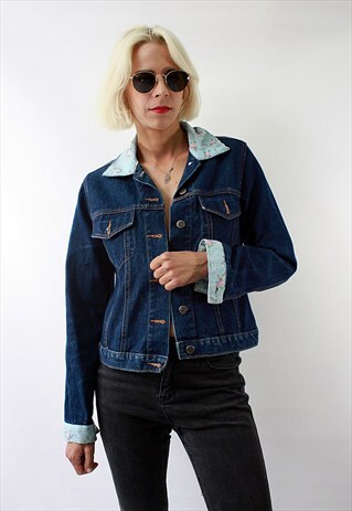 VINTAGE 90' BLUE DENIM JACKET WITH MATERIAL COLLAR & CUFFS