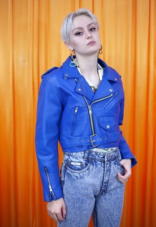 VINTAGE 80S LEATHER JACKET BRIGHT BLUE BIKER CROPPED ZIP UP
