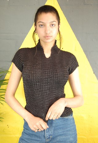 Y2K BLACK WRINKLE PLEATED FUTURISTIC BLOUSE