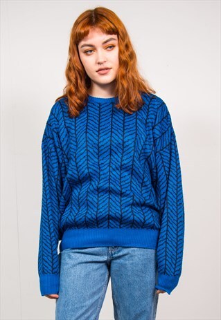 VINTAGE 90'S BLUE & BLACK ABSTRACT KNIT OVERSIZED JUMPER