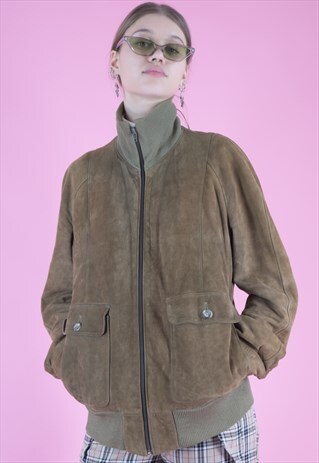 VINTAGE LEATHER JACKET BOMBER IN BROWN SUEDE WITH ZIPPER