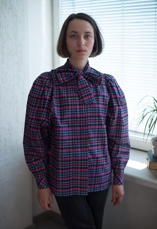 VINTAGE 80S PURPLE PLAID PUFF SLEEVED SHIRT
