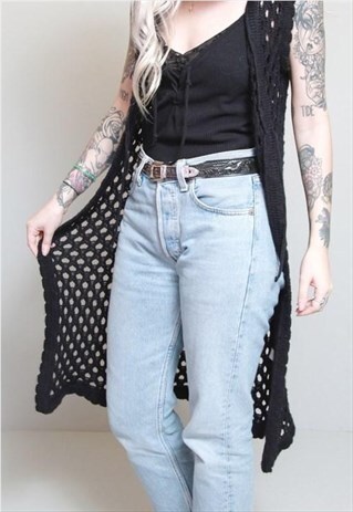 VINTAGE 1970'S AMAZING BLACK KNIT CROCHET CARDIGAN