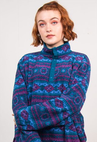 VINTAGE 90'S BLUE ABSTRACT FLEECE JUMPER