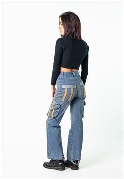 Blue Denim 90s Baggy Hip Hop  Cargo Skater Trousers Pants